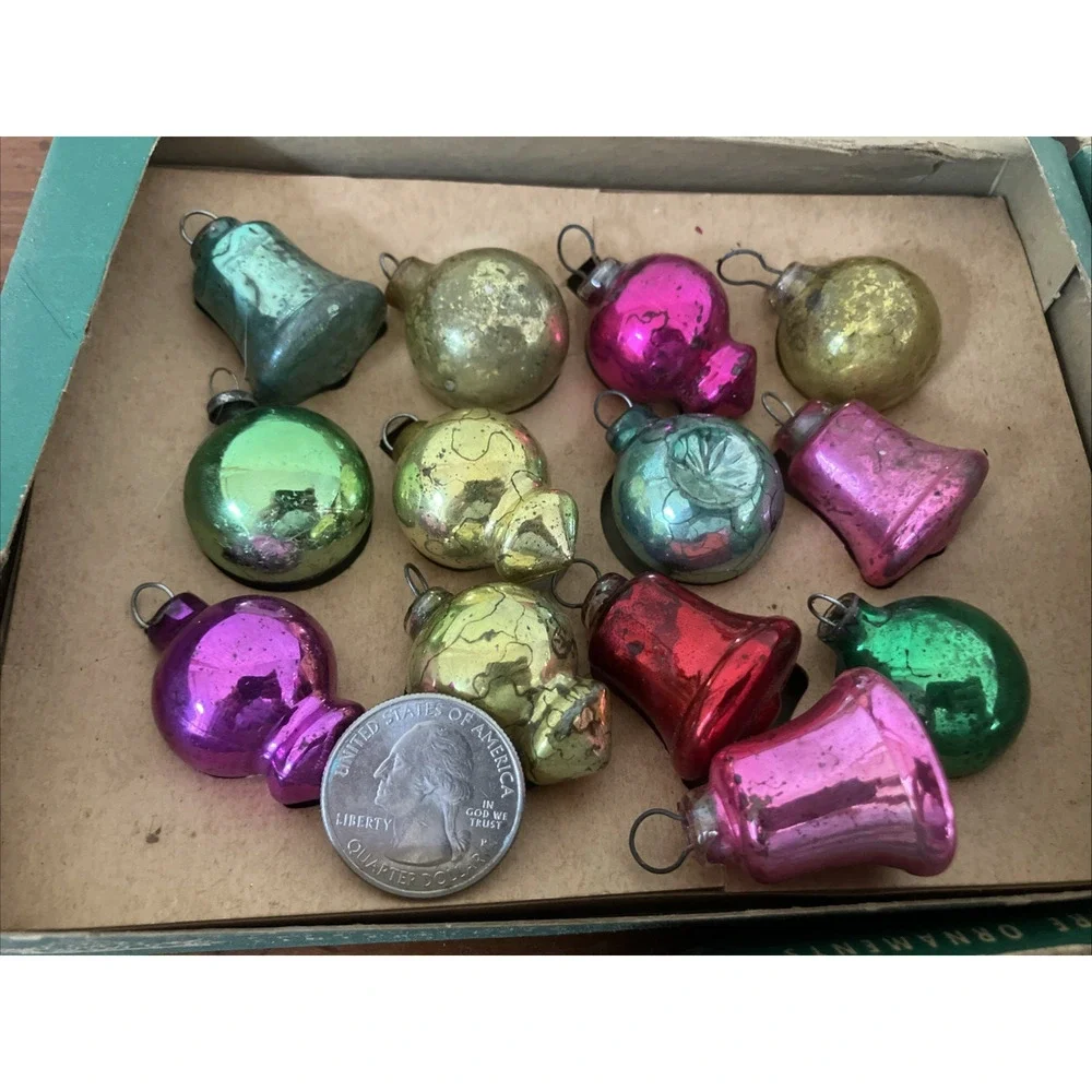 Set Lot 39 Vtg Shiny Brite Mini Mercury Glass Christmas Tree Ornaments Baubles
